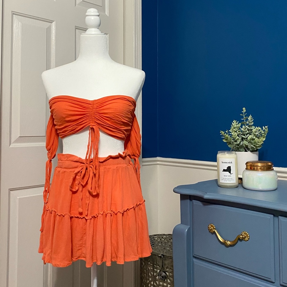 Coral two-piece tube top and skirt set